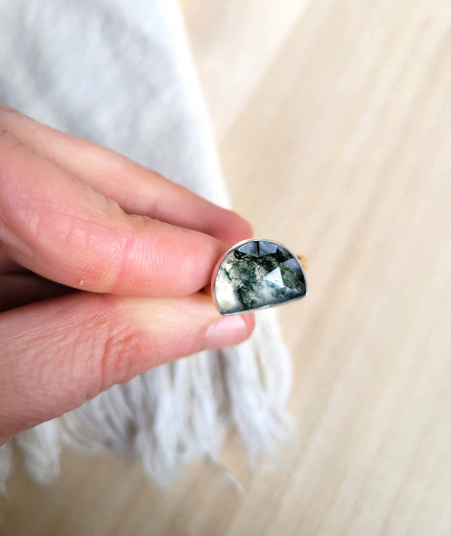 Moss Agate Two-Tone Ring