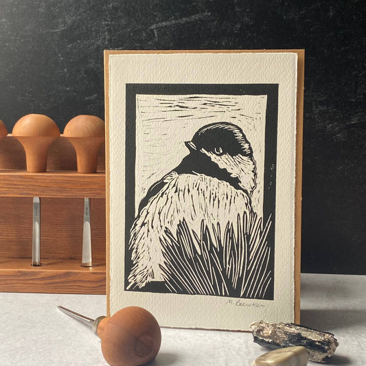 Peering Chickadee hand-printed card