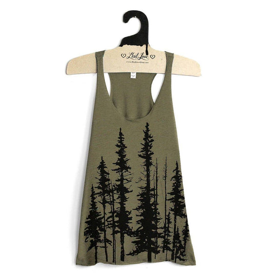 Olive Racerback Tank with Evergreen Trees Print