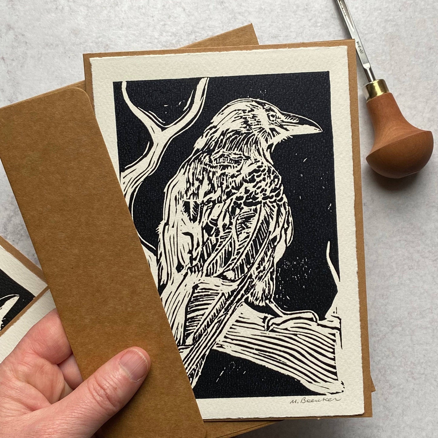 Raven hand-printed card