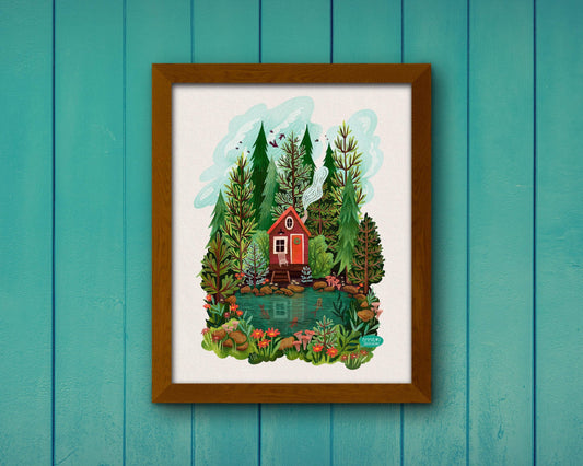 Cabin and Lake Cottagecore Wall Art Print