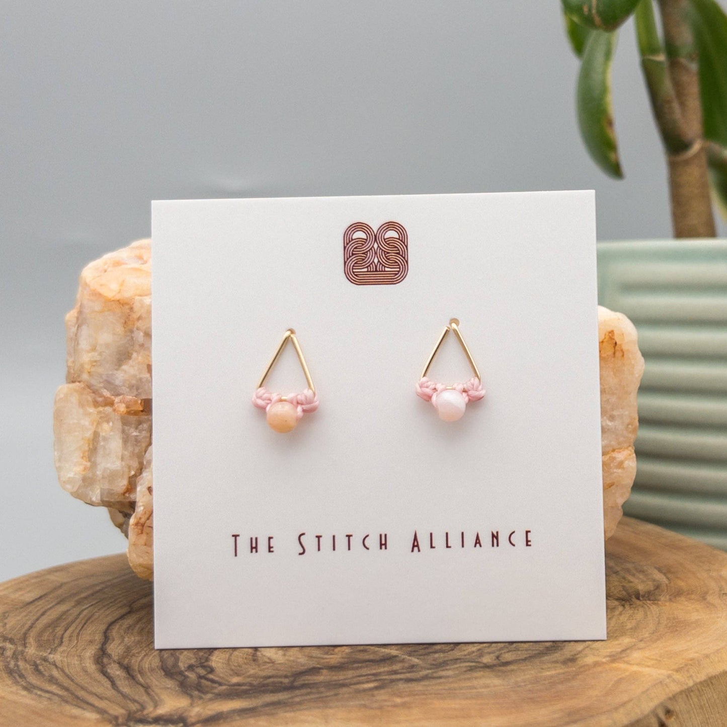 Pink Opal Stud Earrings | Gold Fill Triangle Stud | Handmade