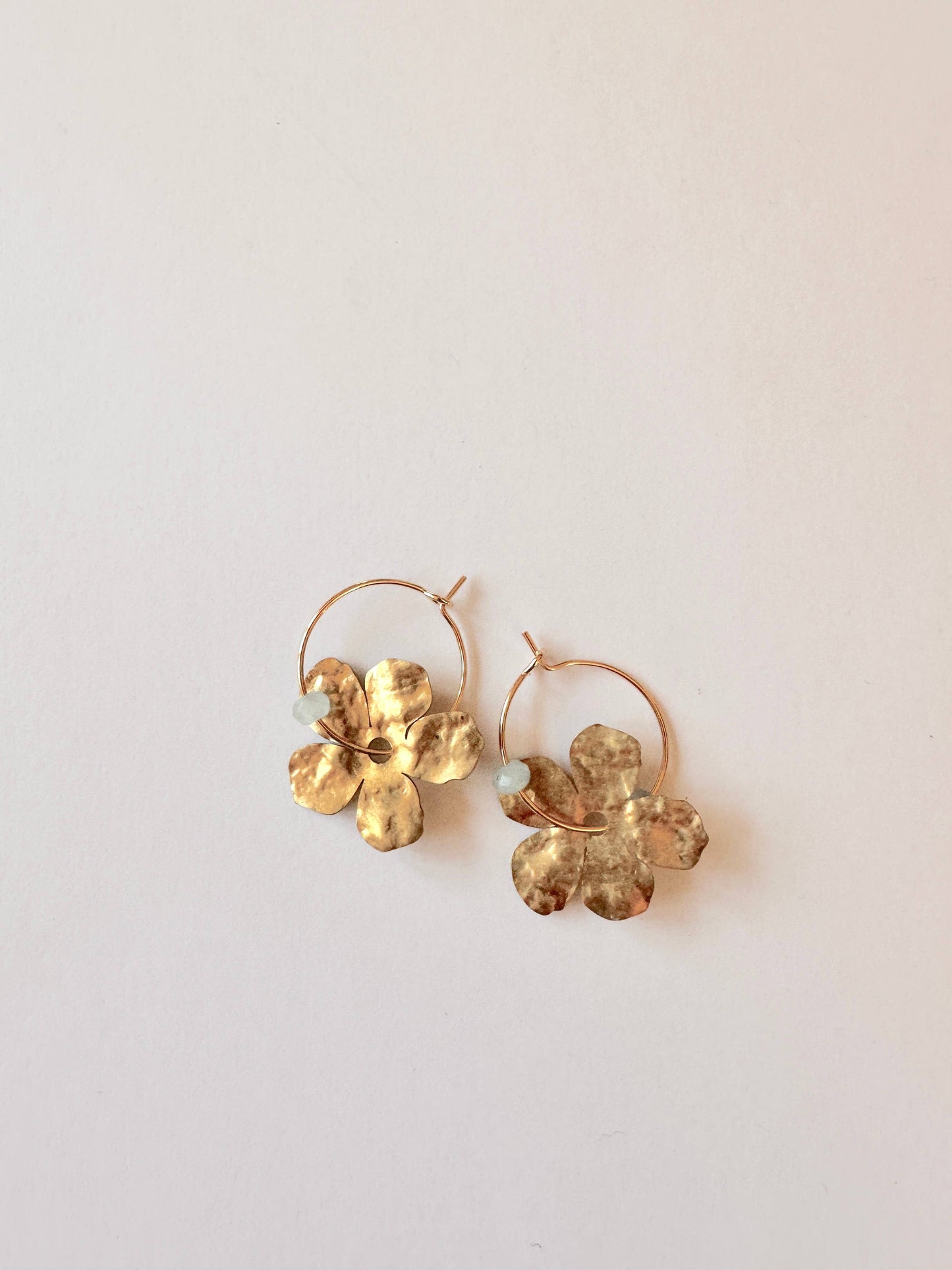 Gold Filled Hoop Hammered Brass Flower Earrings - Light Blue
