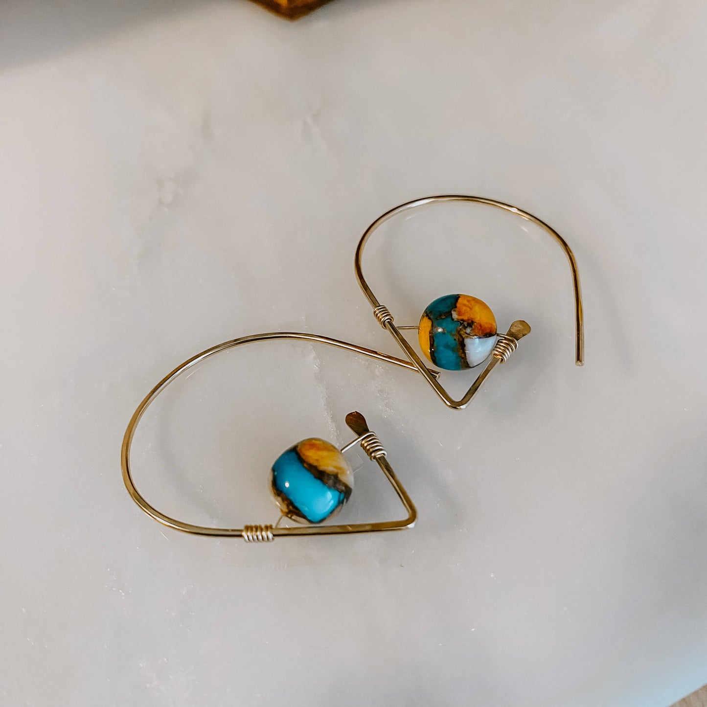 Spiny Oyster Turquoise Threader Earrings: 14k gold fill