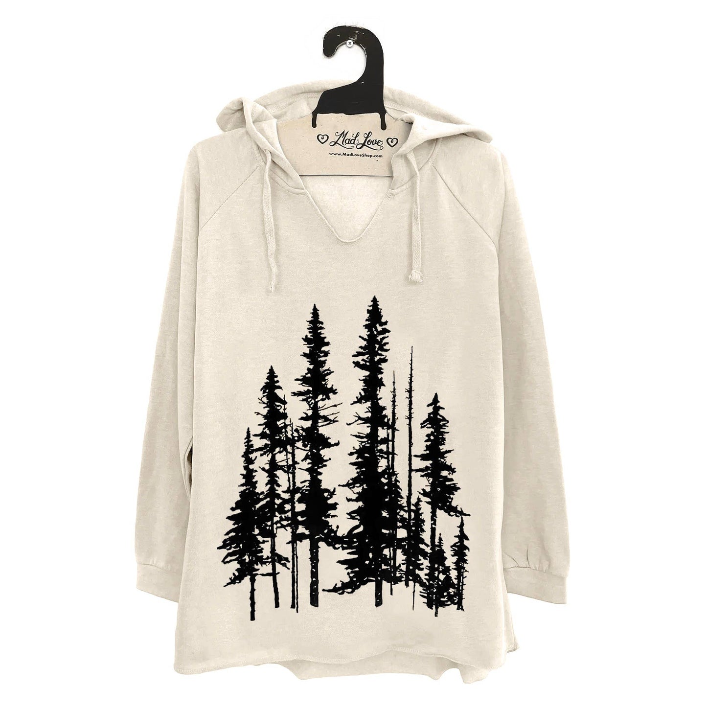 Cream Fleece V-Notch Beach Pullover with Evergreen Tree