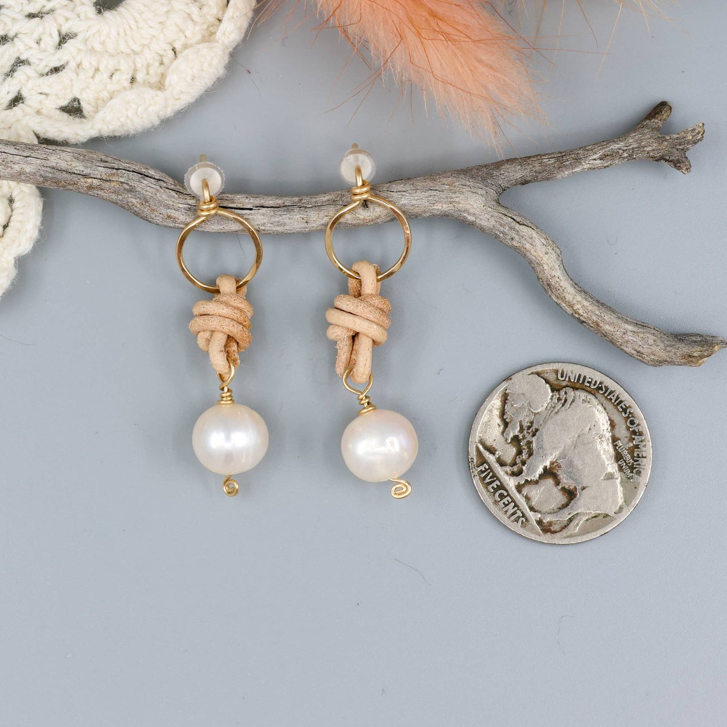 Freshwater Pearl & Leather Drop Earrings / 14k Gold Fill
