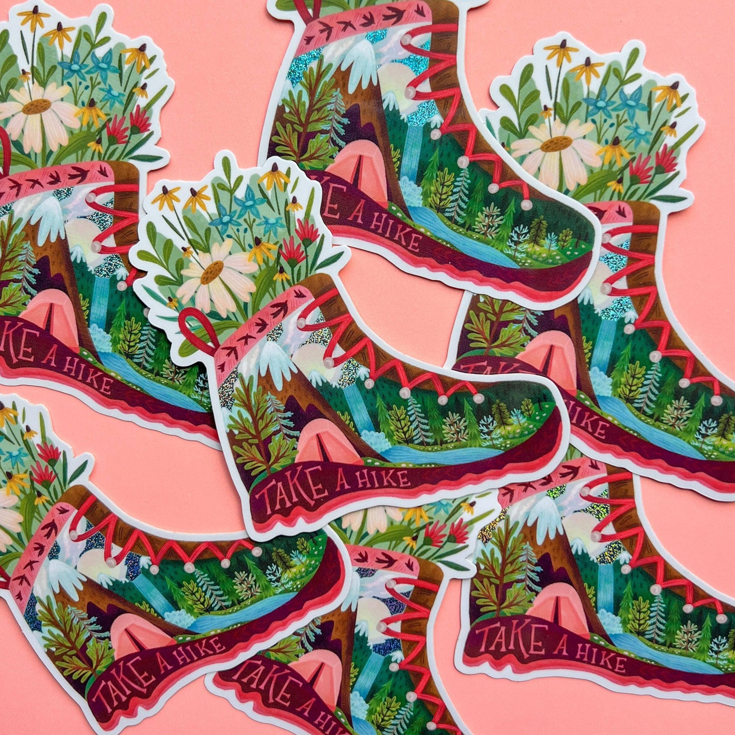 Take a Hike, Hiking Boot & Flowers Vinyl Sticker