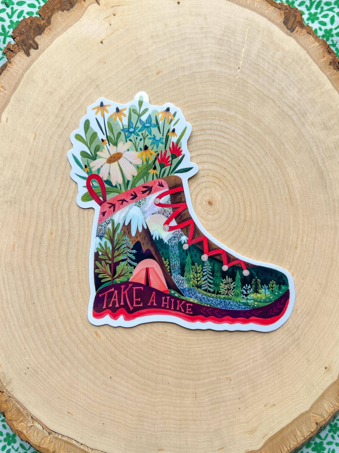 Take a Hike, Hiking Boot & Flowers Vinyl Sticker