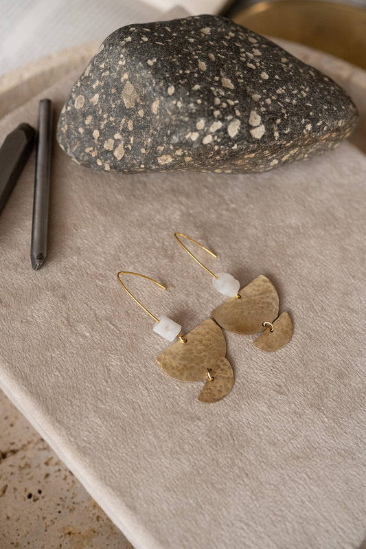 Nomad - Hammered Brass and Moonstone Gemstone Earrings