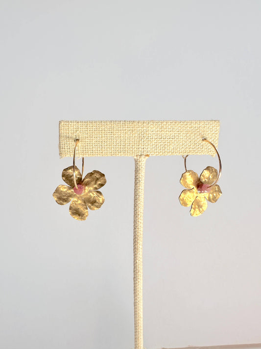 Gold Filled Hoop Hammered Brass Flower Earrings - Pink