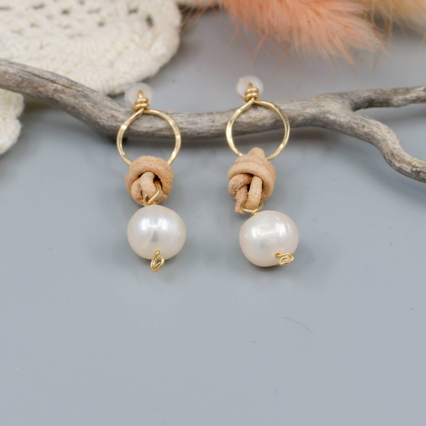 Freshwater Pearl & Leather Drop Earrings / 14k Gold Fill