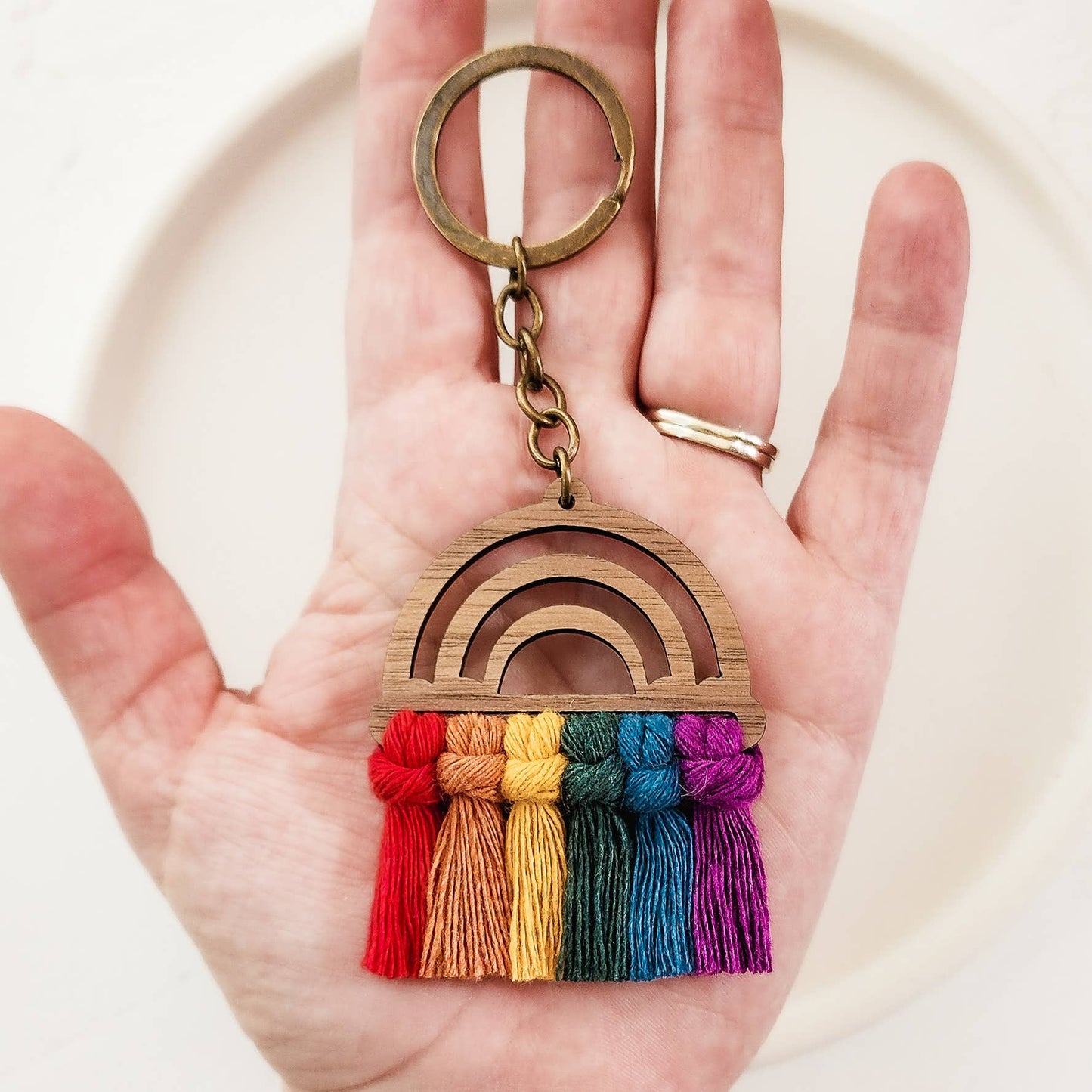 Macrame Wood Rainbow Keychain - Classic/ Traditional/ Pride: Classic