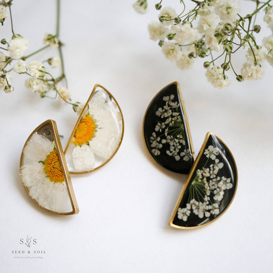 Pressed Flower Half Moon Studs