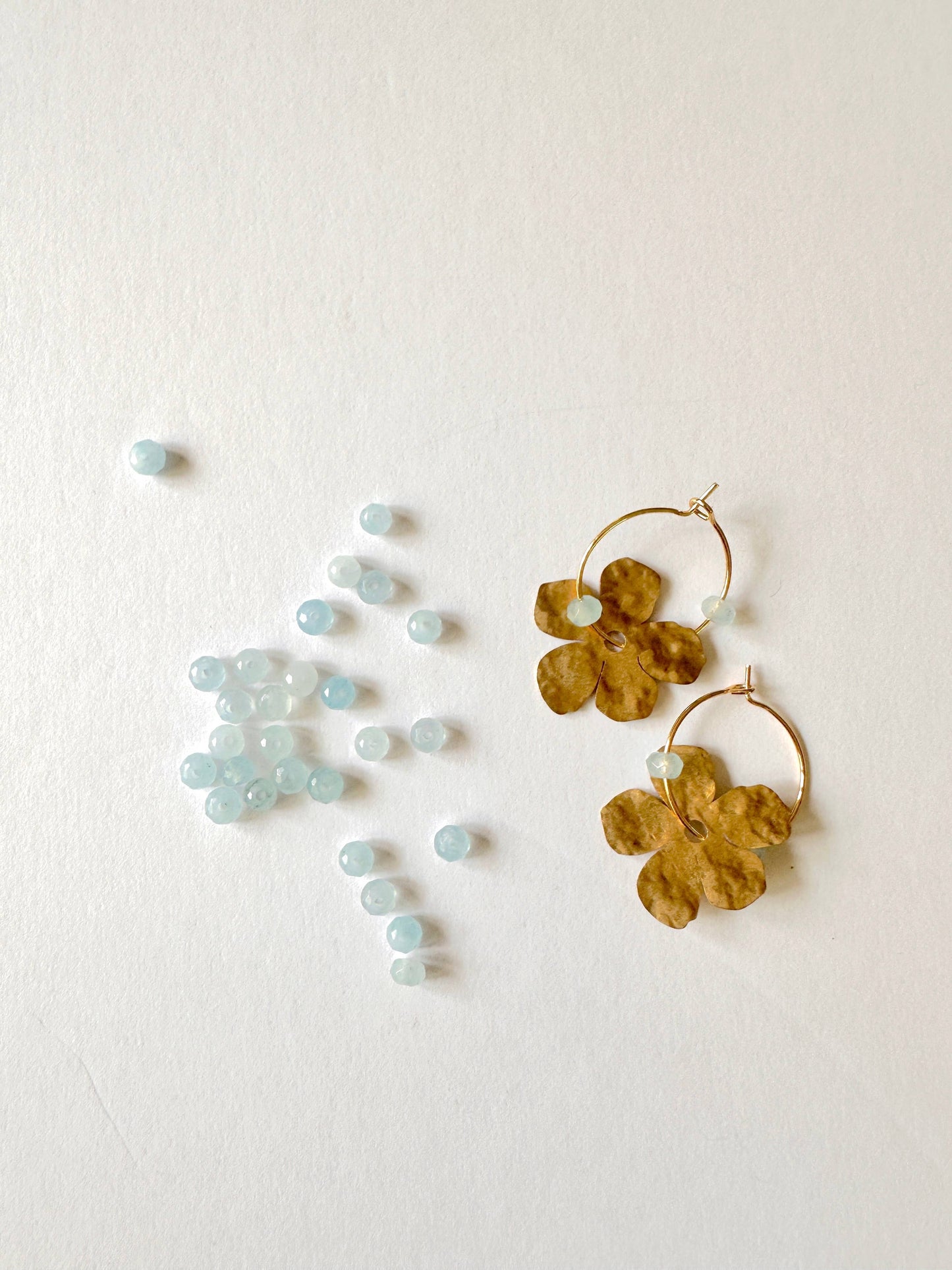 Gold Filled Hoop Hammered Brass Flower Earrings - Light Blue