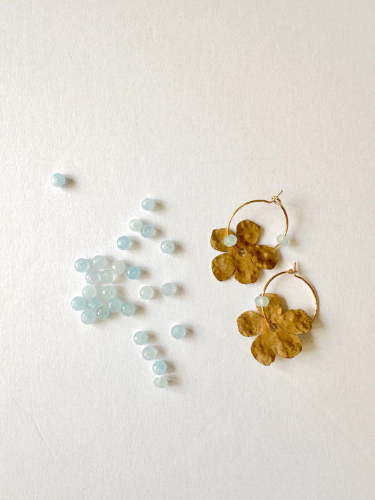 Gold Filled Hoop Hammered Brass Flower Earrings - Light Blue