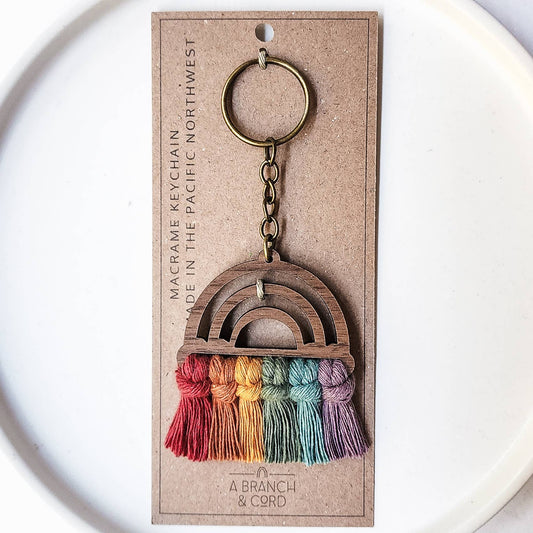 Macrame Wood Rainbow Keychain - Classic/ Traditional/ Pride: Muted