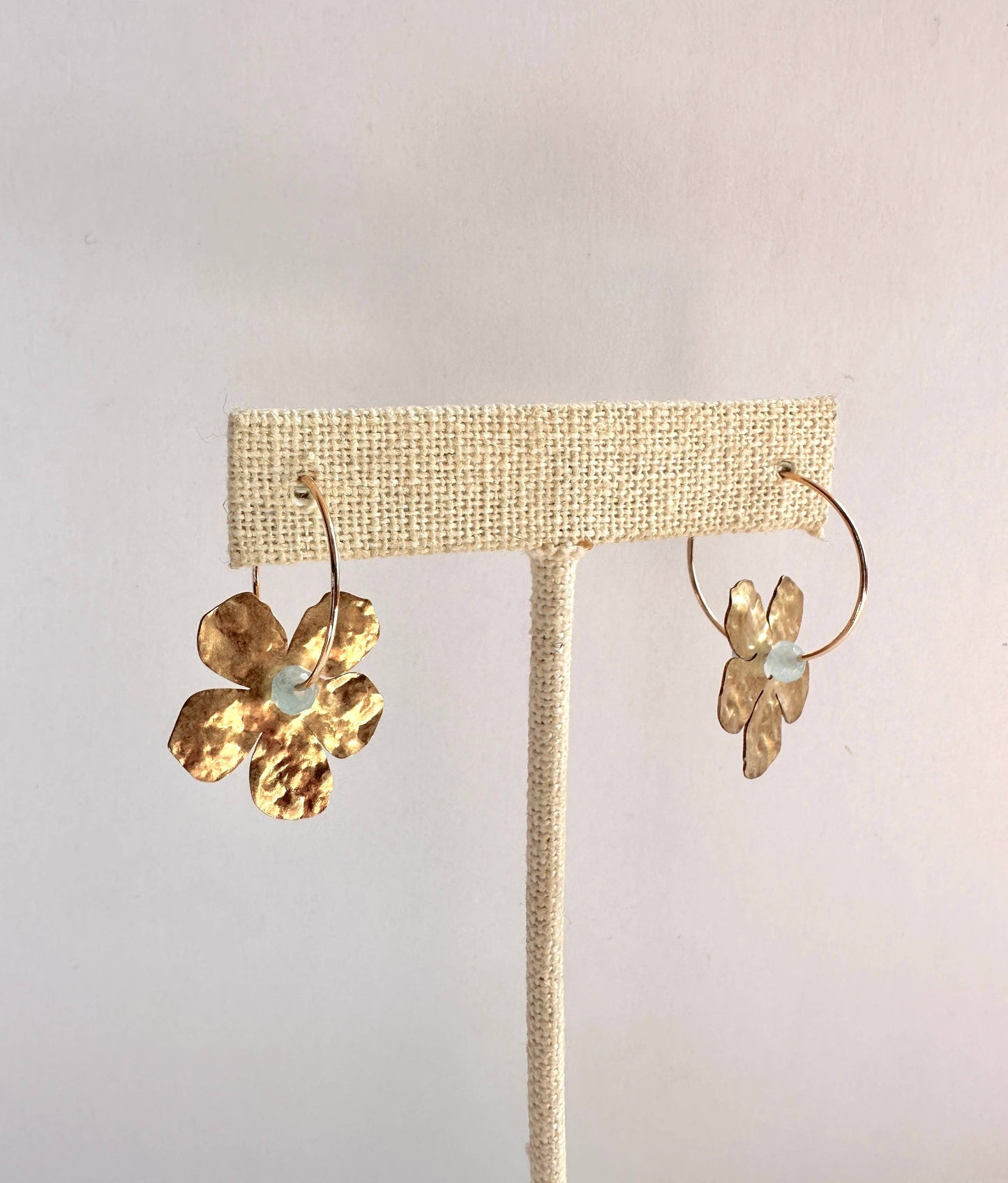 Gold Filled Hoop Hammered Brass Flower Earrings - Light Blue