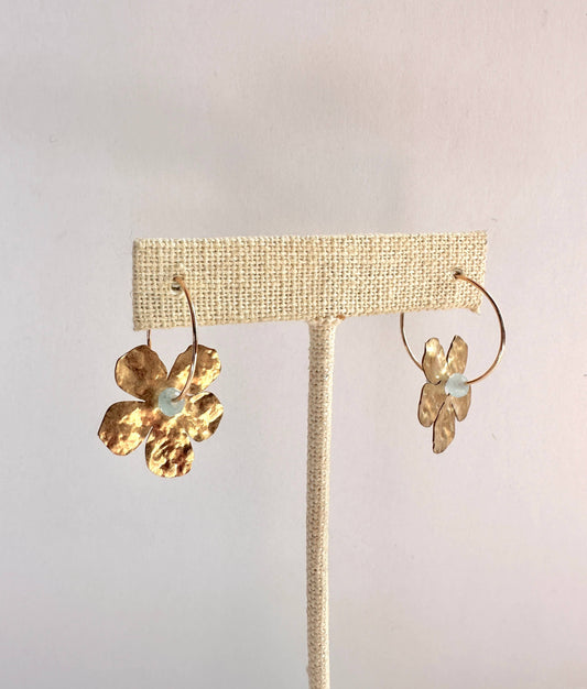 Gold Filled Hoop Hammered Brass Flower Earrings - Light Blue