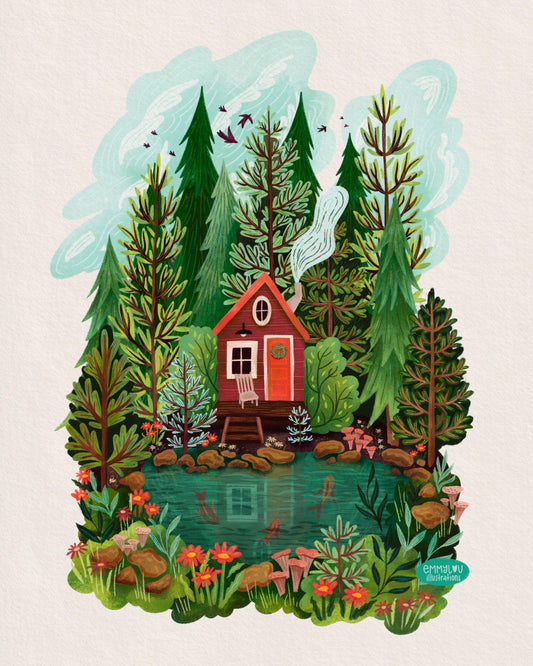 Cabin and Lake Cottagecore Wall Art Print