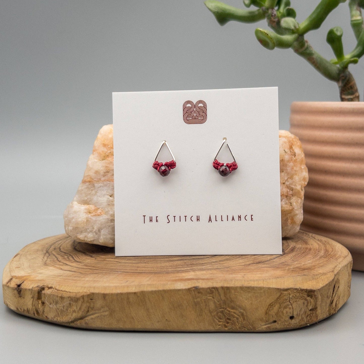 Garnet Stud Earrings | Sterling Silver | Triangle Studs