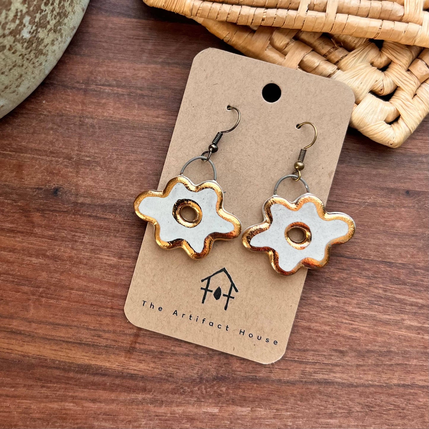 White and Gold Large Flower Ceramic Earrings