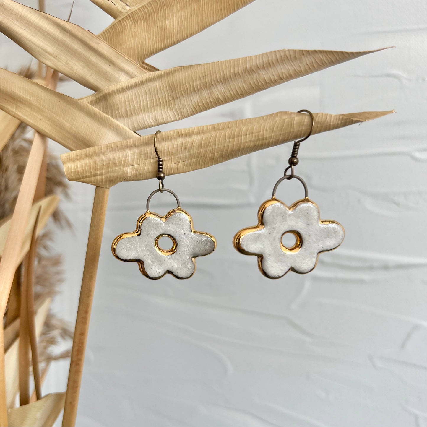 White and Gold Large Flower Ceramic Earrings