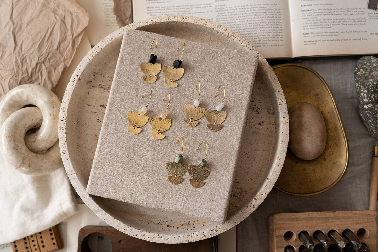 Nomad - Hammered Brass and Moonstone Gemstone Earrings