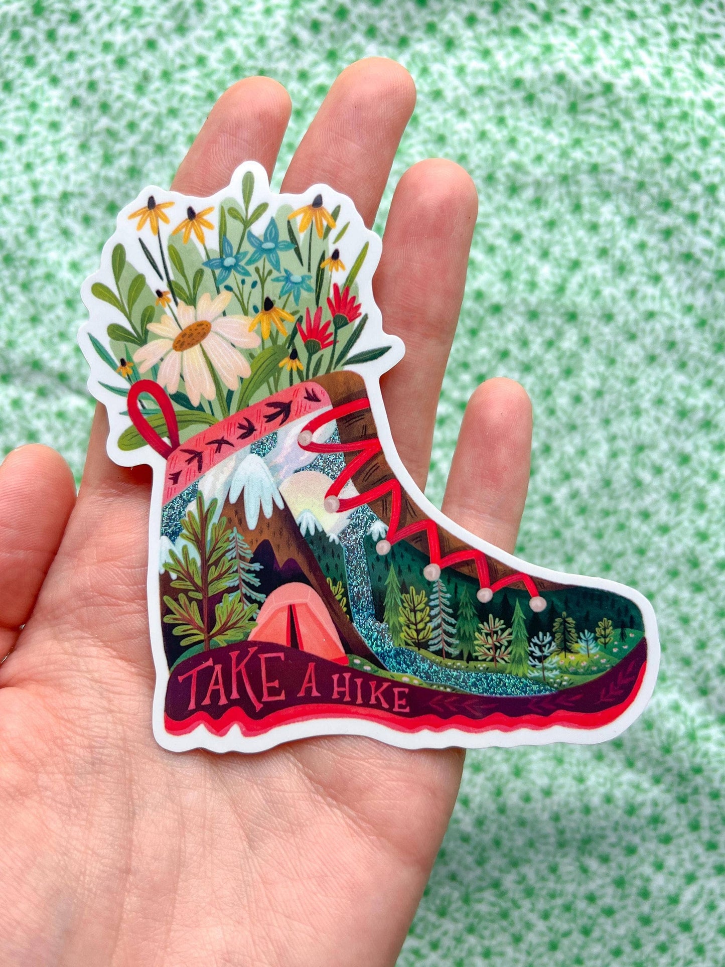 Take a Hike, Hiking Boot & Flowers Vinyl Sticker