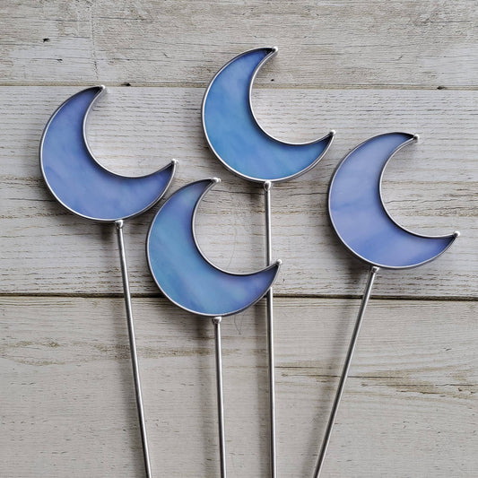 Blue Iridescent Stained Glass Moon Planter Stake