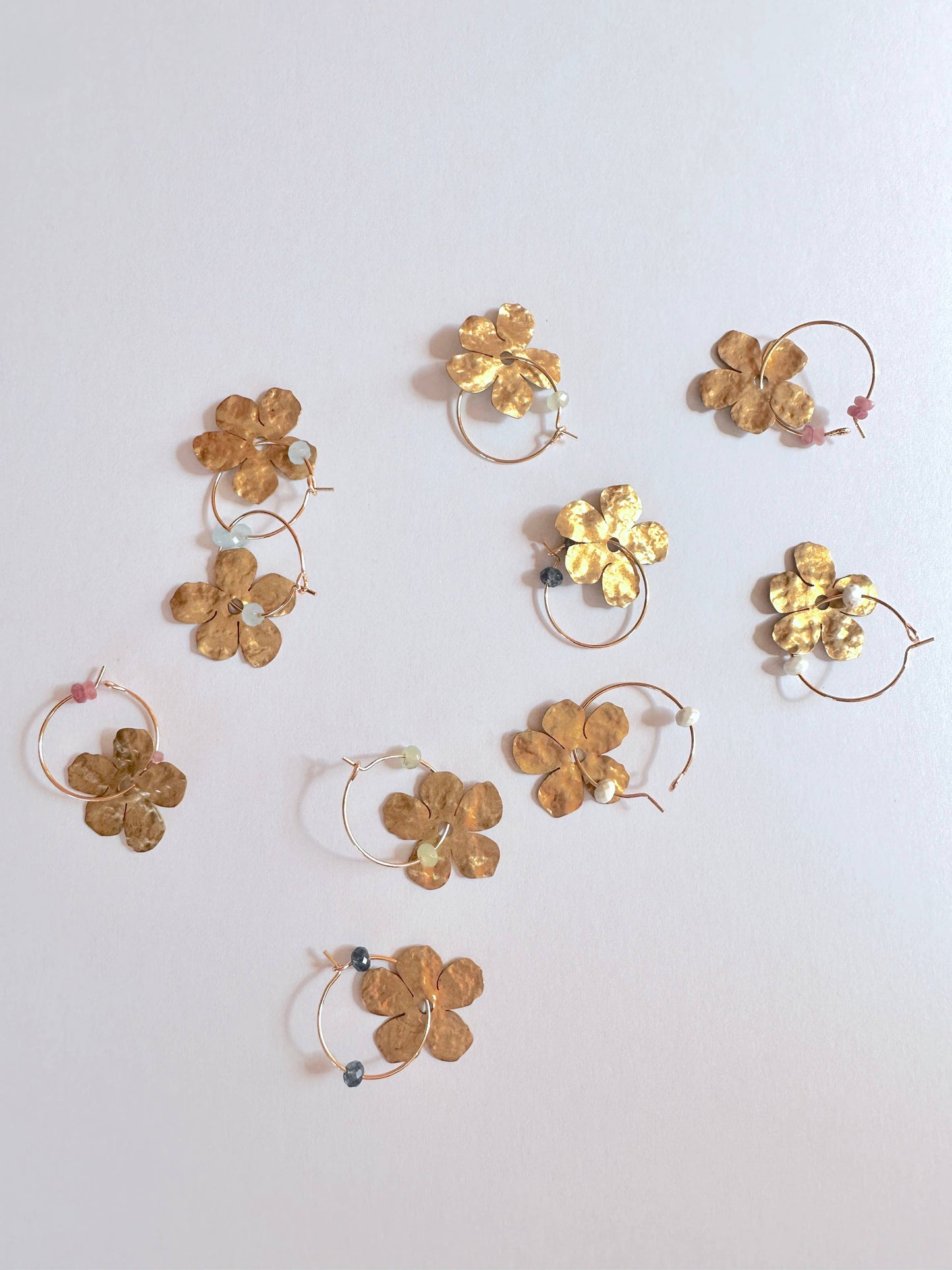 Gold Filled Hoop Hammered Brass Flower Earrings - Pink