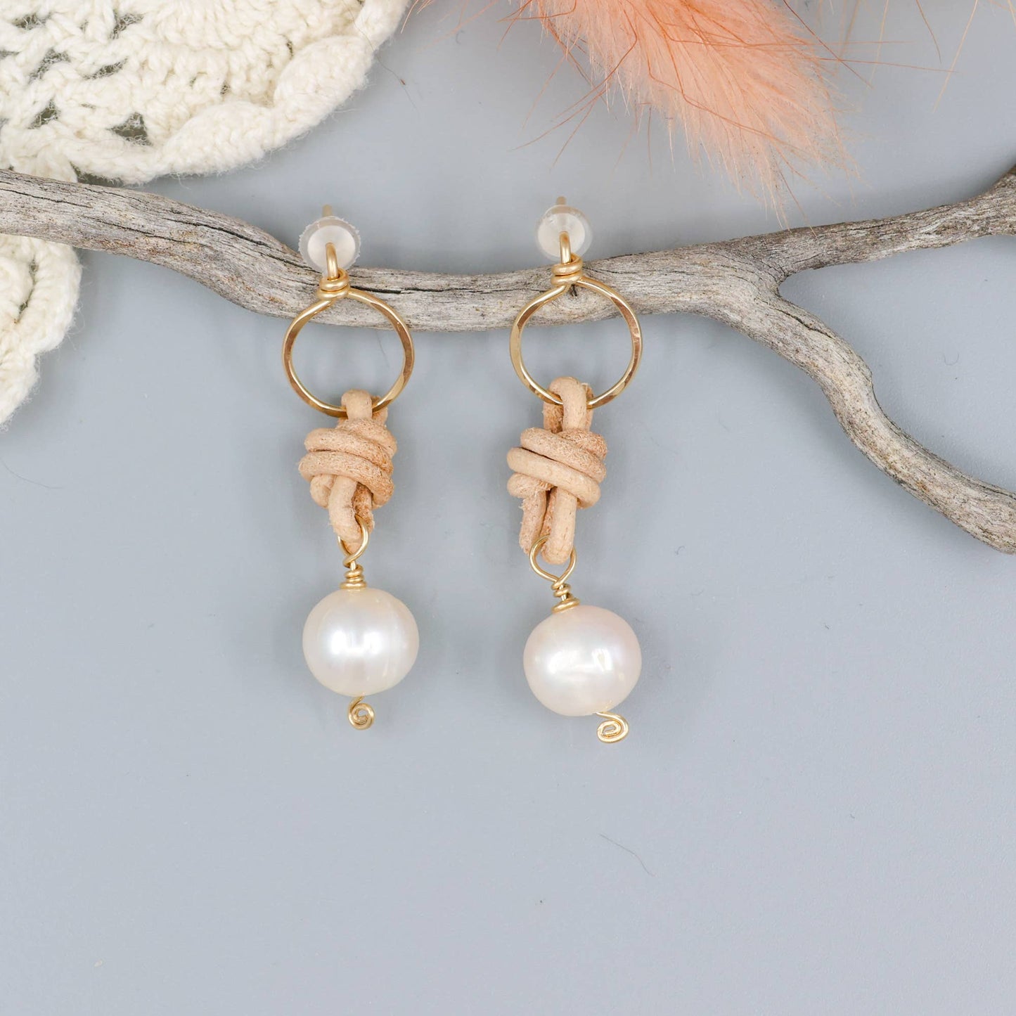 Freshwater Pearl & Leather Drop Earrings / 14k Gold Fill