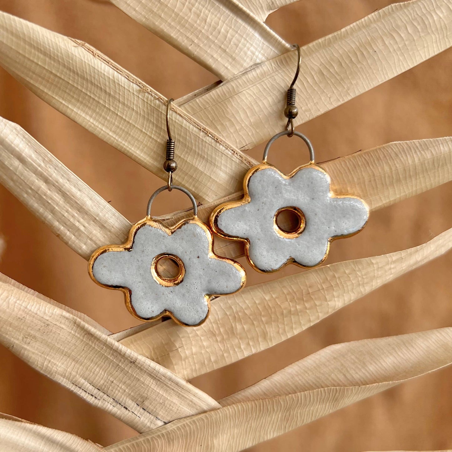 White and Gold Large Flower Ceramic Earrings