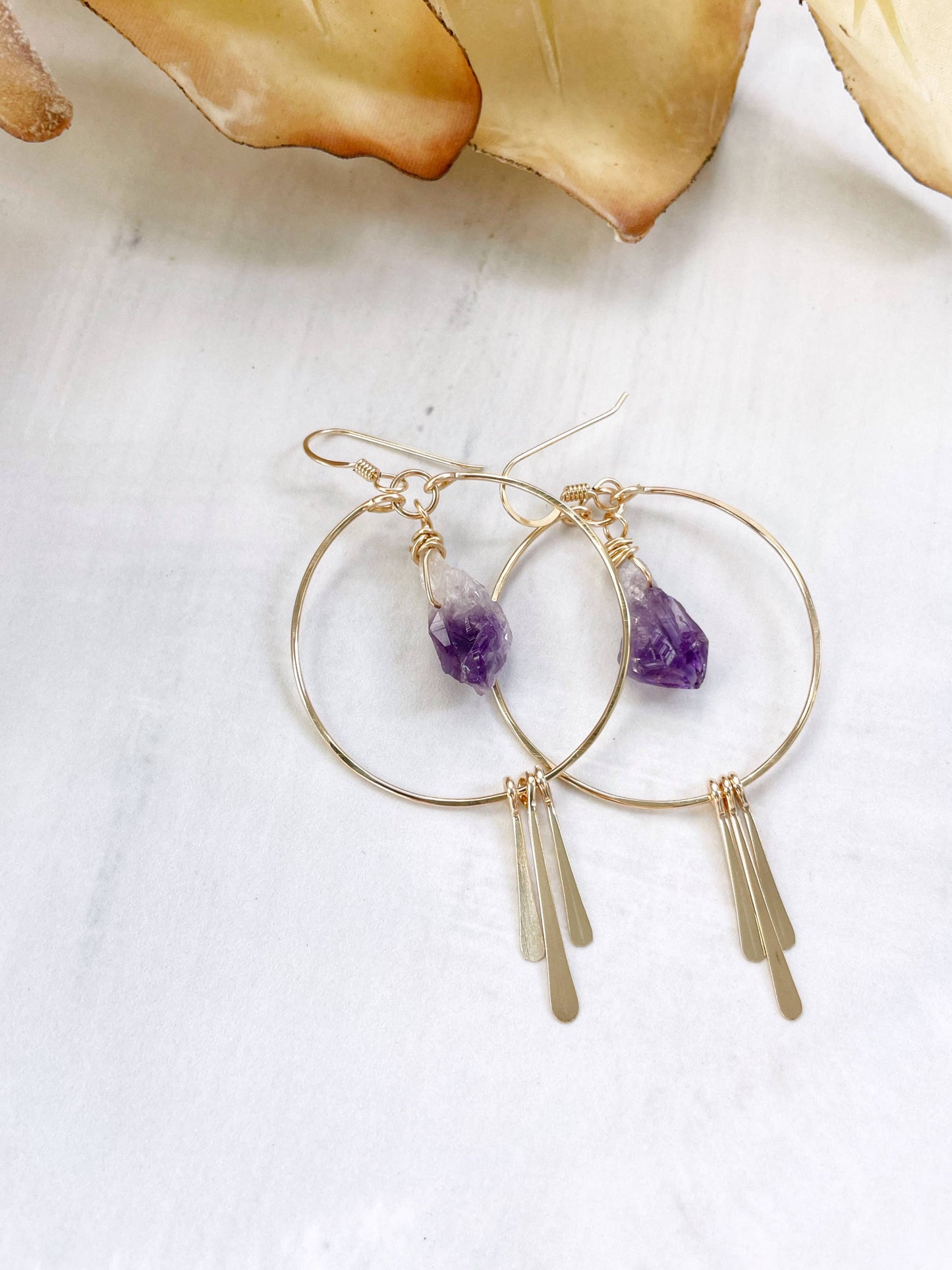Raw Amethyst Nugget Hoops: Gold Filled
