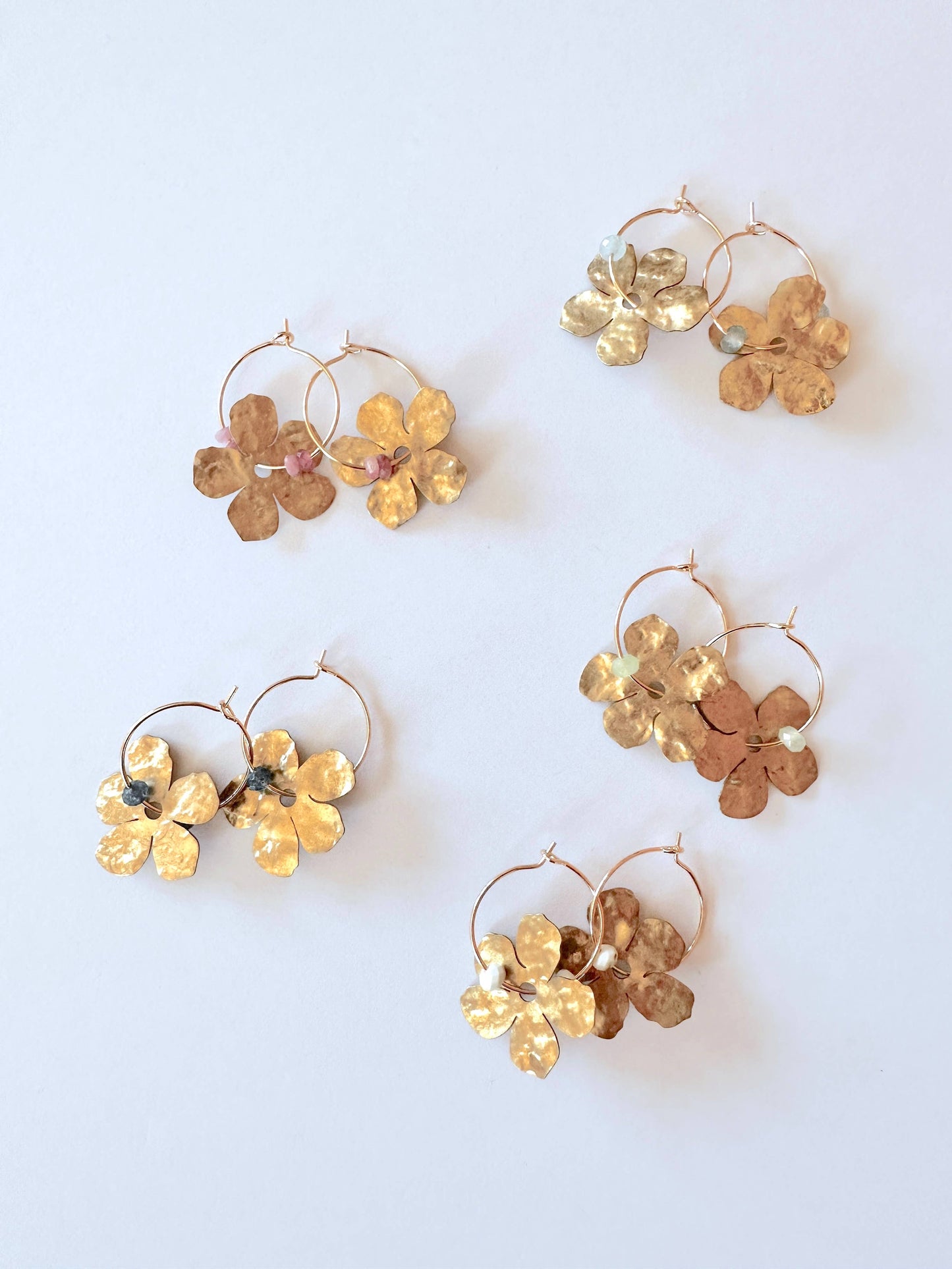 Gold Filled Hoop Hammered Brass Flower Earrings - Pink