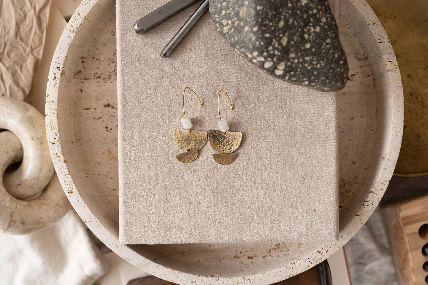 Nomad - Hammered Brass and Moonstone Gemstone Earrings