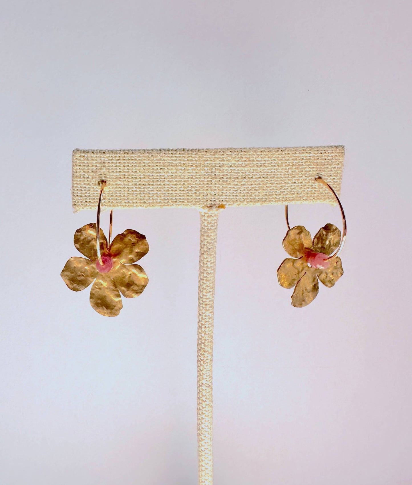 Gold Filled Hoop Hammered Brass Flower Earrings - Pink