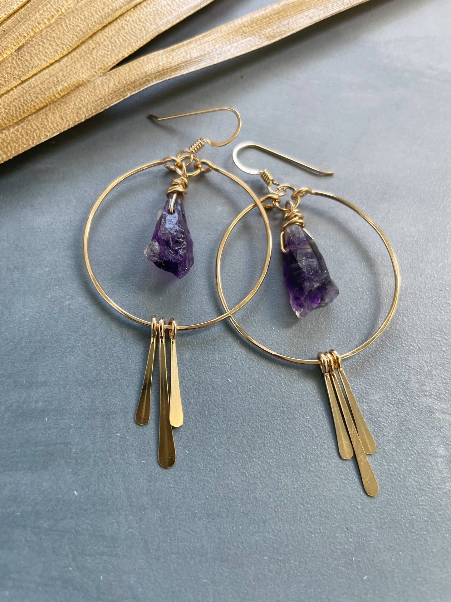 Raw Amethyst Nugget Hoops: Gold Filled