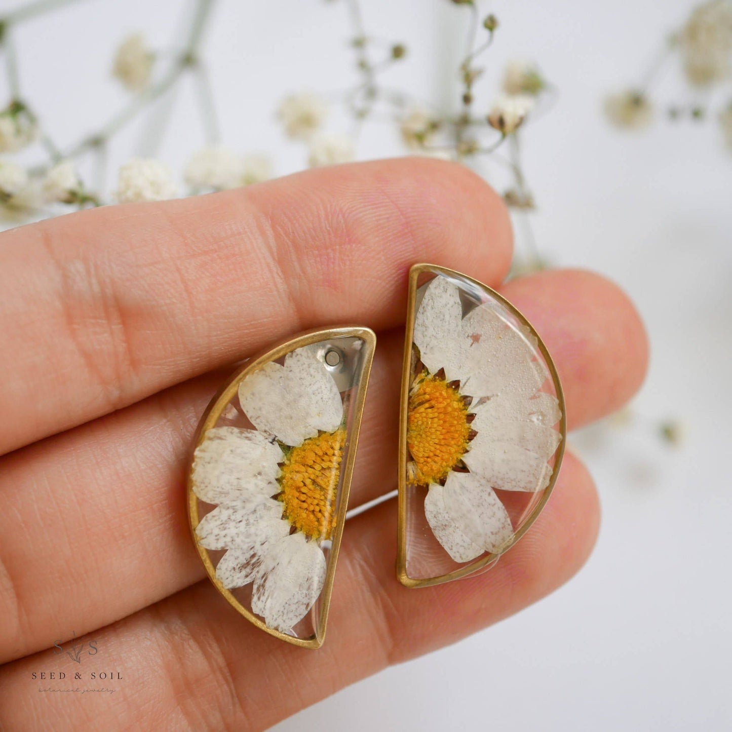 Pressed Flower Half Moon Studs