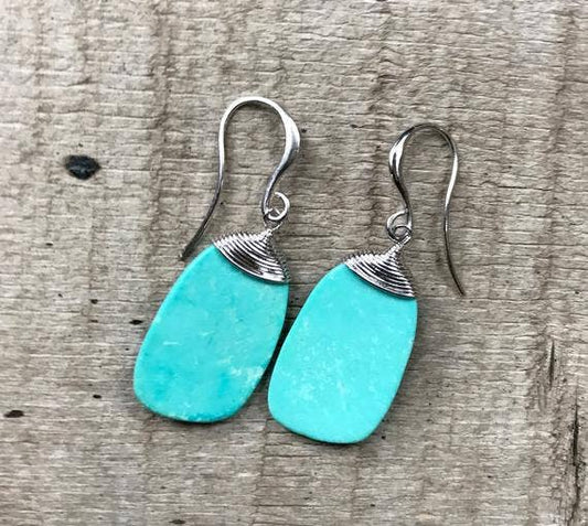 Silver Wire Wrapped Blue Turquoise Slice Earrings