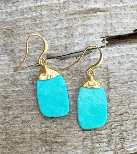 Gold Wire Wrapped Blue Turquoise Slice Earrings