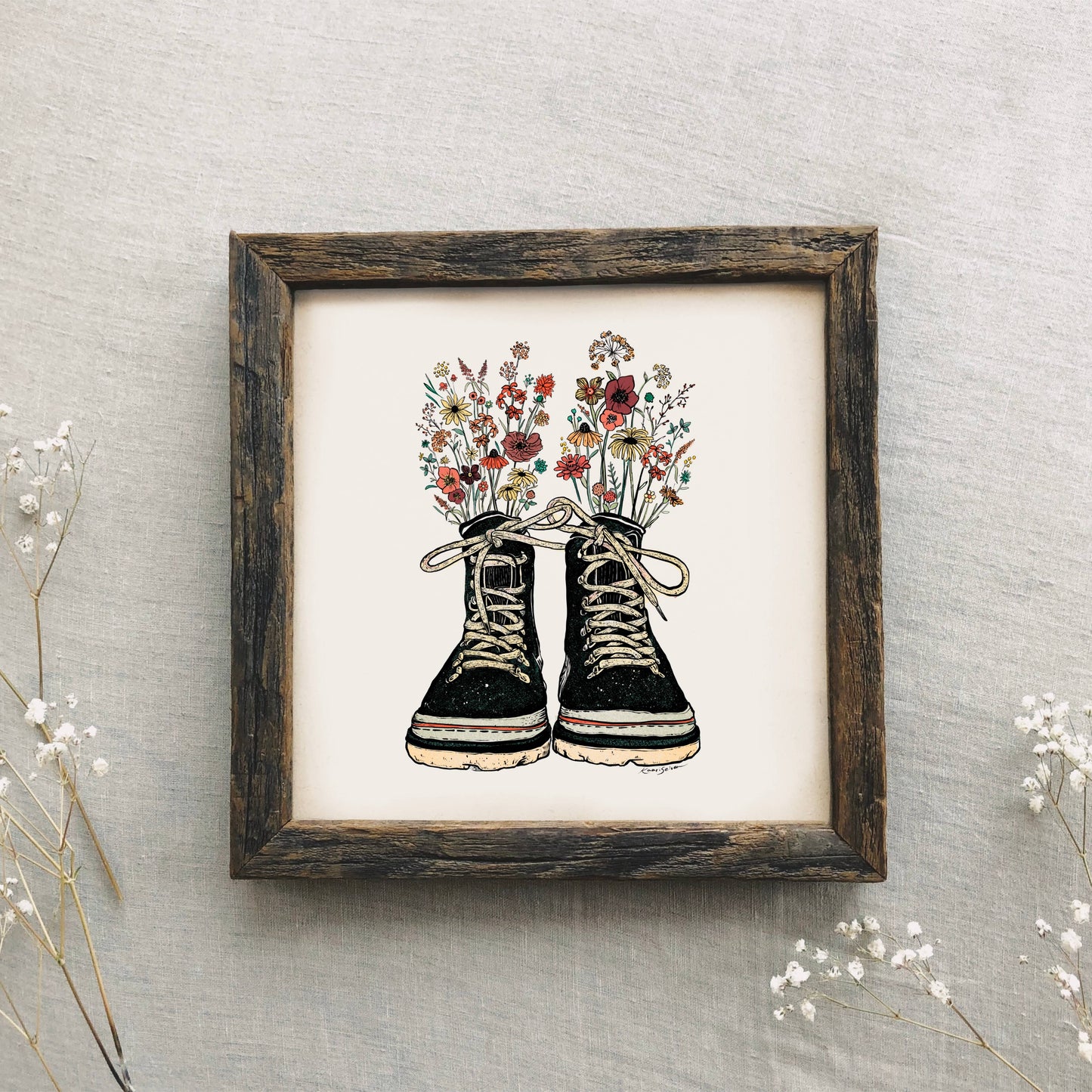 Floral Hiking Boots Art Print