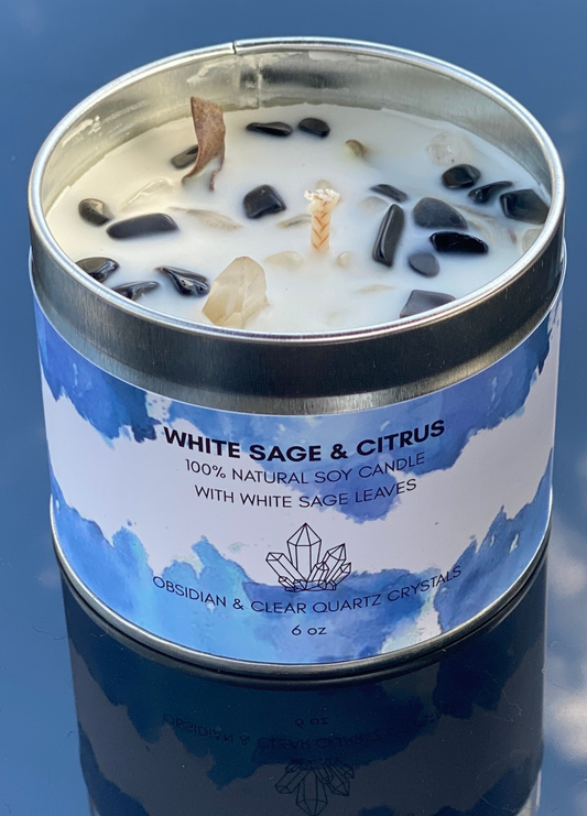 White Sage Candle with Obsidian & Clear Quartz Crystals